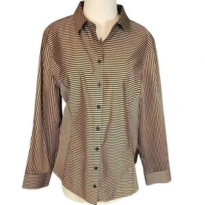 CHICO'S No Iron Striped Tan and Black 100% Cotton Long Sleeve Button Down Size 3